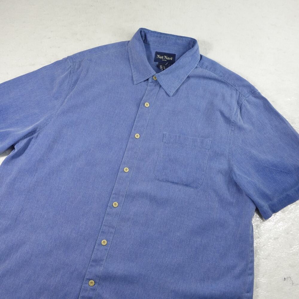 Nat Nast Shirt Mens XL Blue Birdseye Houndstooth Bowling Camp Silk Relaxed